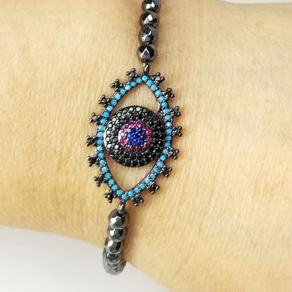 Pave Color CZ Evil Eye Hematite Bracelet NEW - Picture 6 of 7